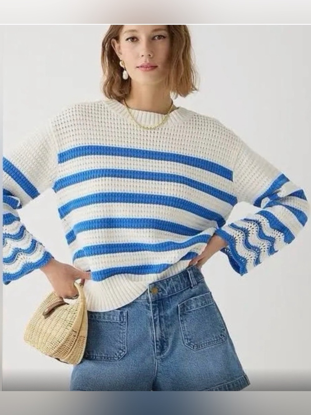 J. Crew Textured Crewneck Crochet Sleeve Pullover Sweater in Stripe - S